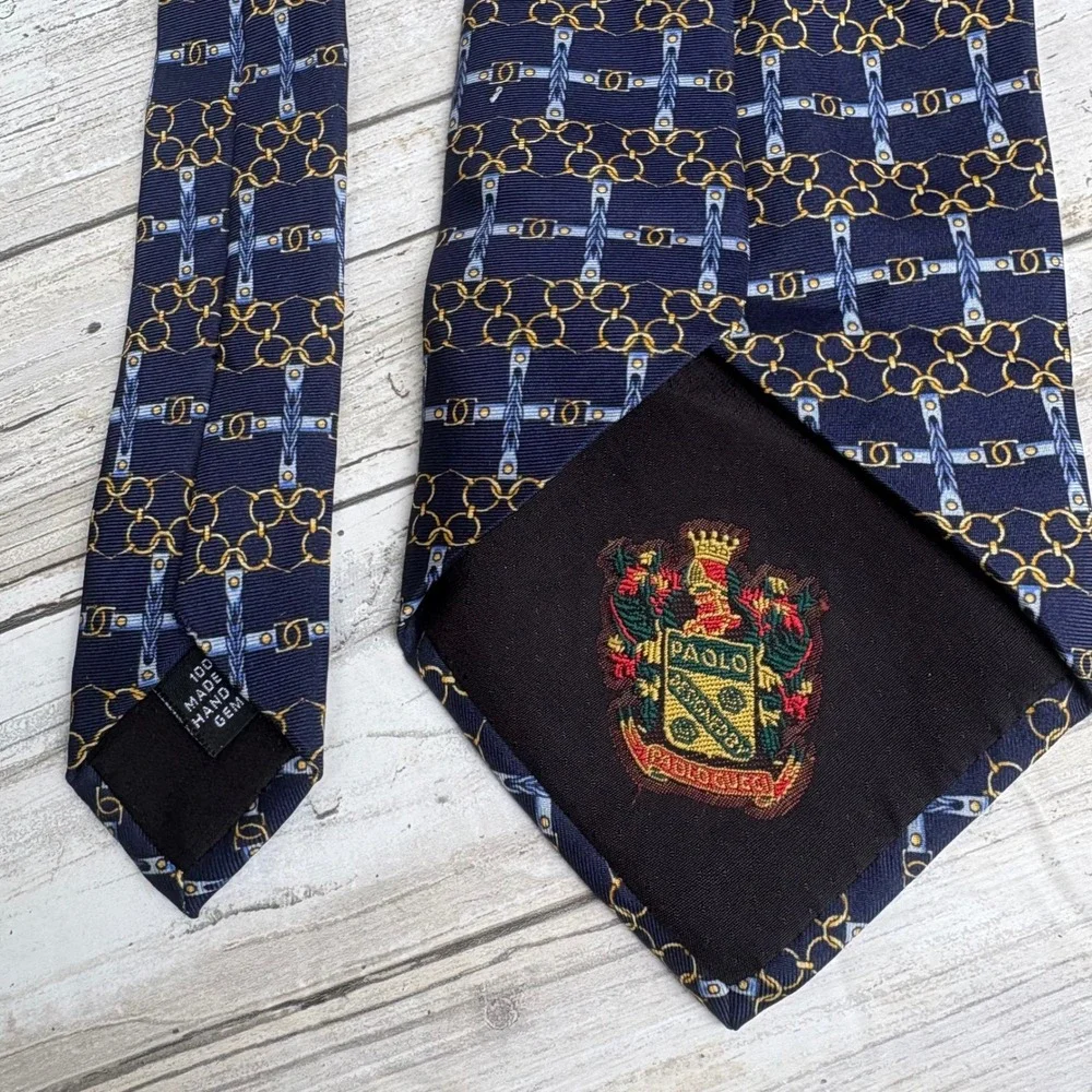 VTG Paolo Designed by Paolo Gucci Silk Tie OS Navy Bluer Equestrian Chain Italy